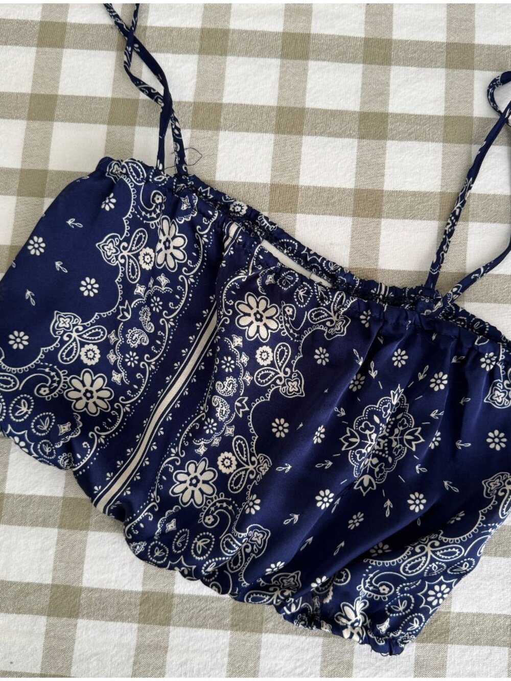 Janet Chung Bandana Paisley Print Satin Ruffle Hem Cami Crop Top Navy Blue - Picture 2 of 4
